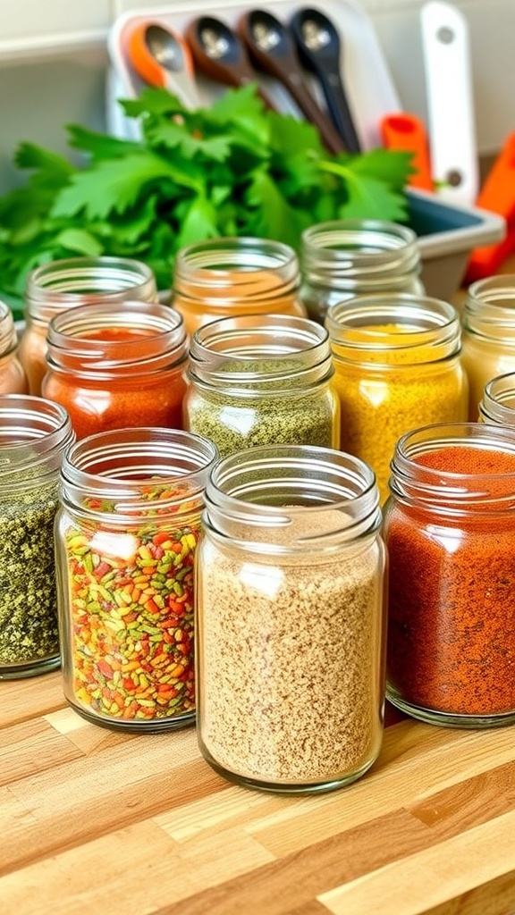 Jars of colorful homemade seasoning blends on a wooden counter with measuring spoons.
